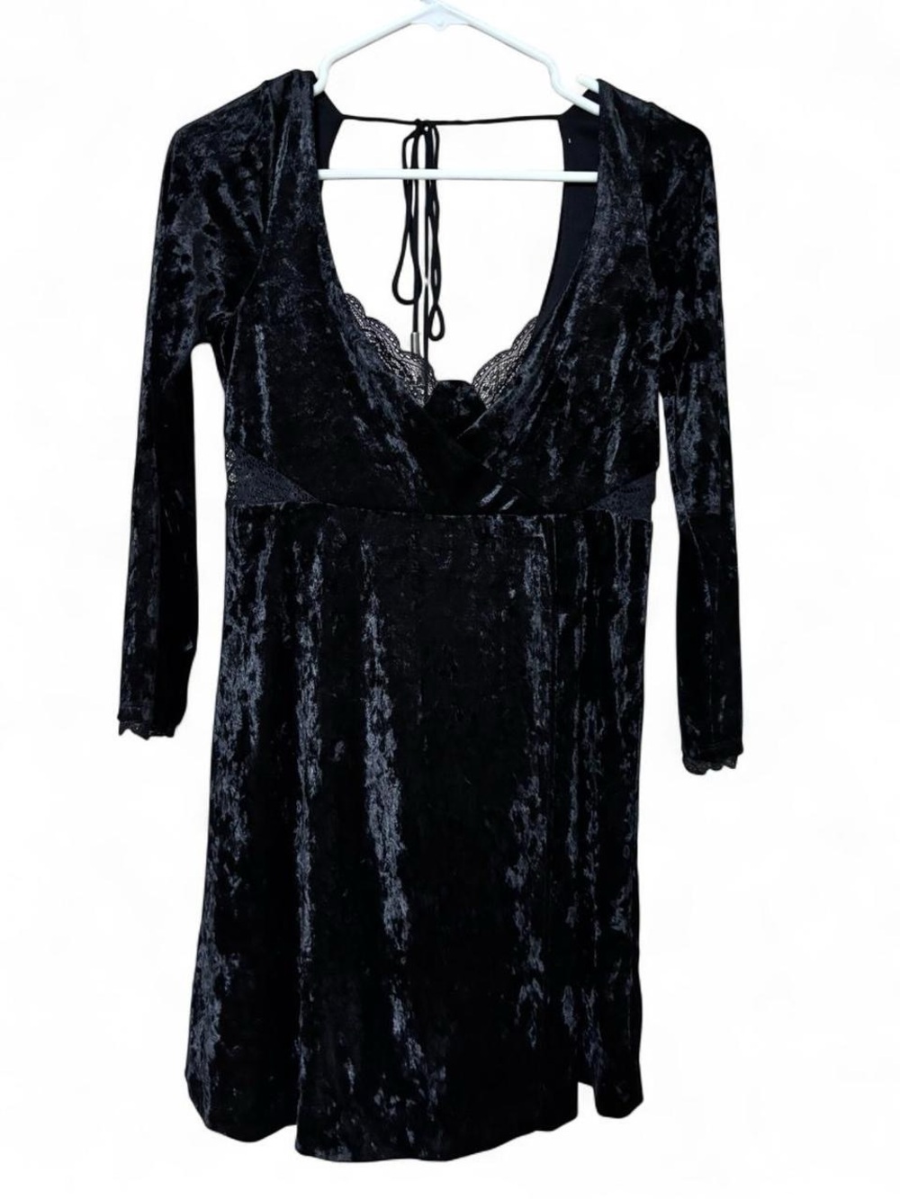 Free People Black Velvet Lace-Trim V-Neck Dress